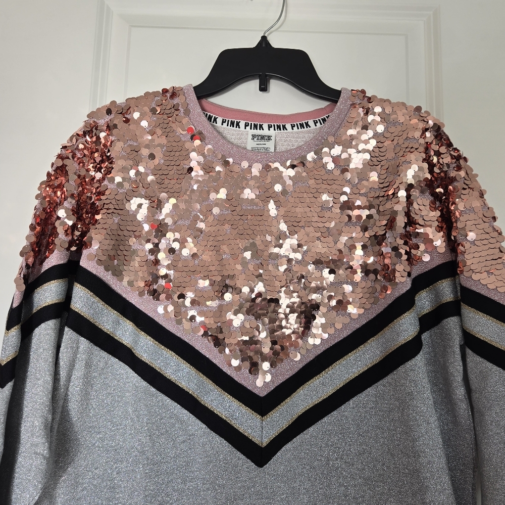 Victoria's Secret PINK Rose Gold/pink Gray Sparkly Sequin Sweater Medium NWOT - Picture 3 of 9